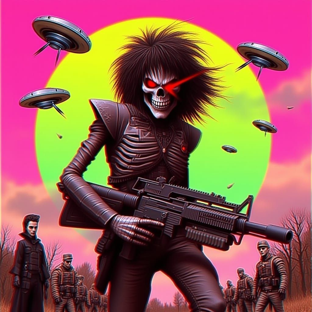 Heavily Armed Skeleton with UFOs and Soldiers