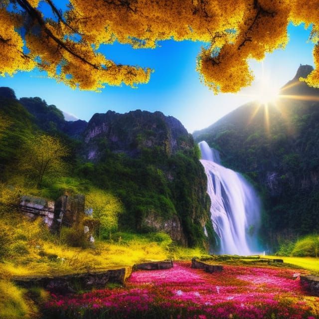 Ancient Golden City with Moonlit Waterfall