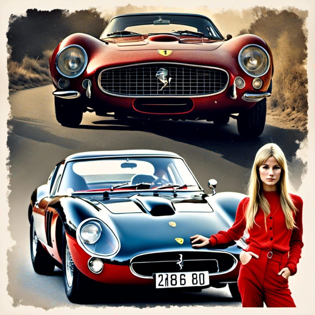 a blond young woman and a ferrari 250 gto from the year 1966