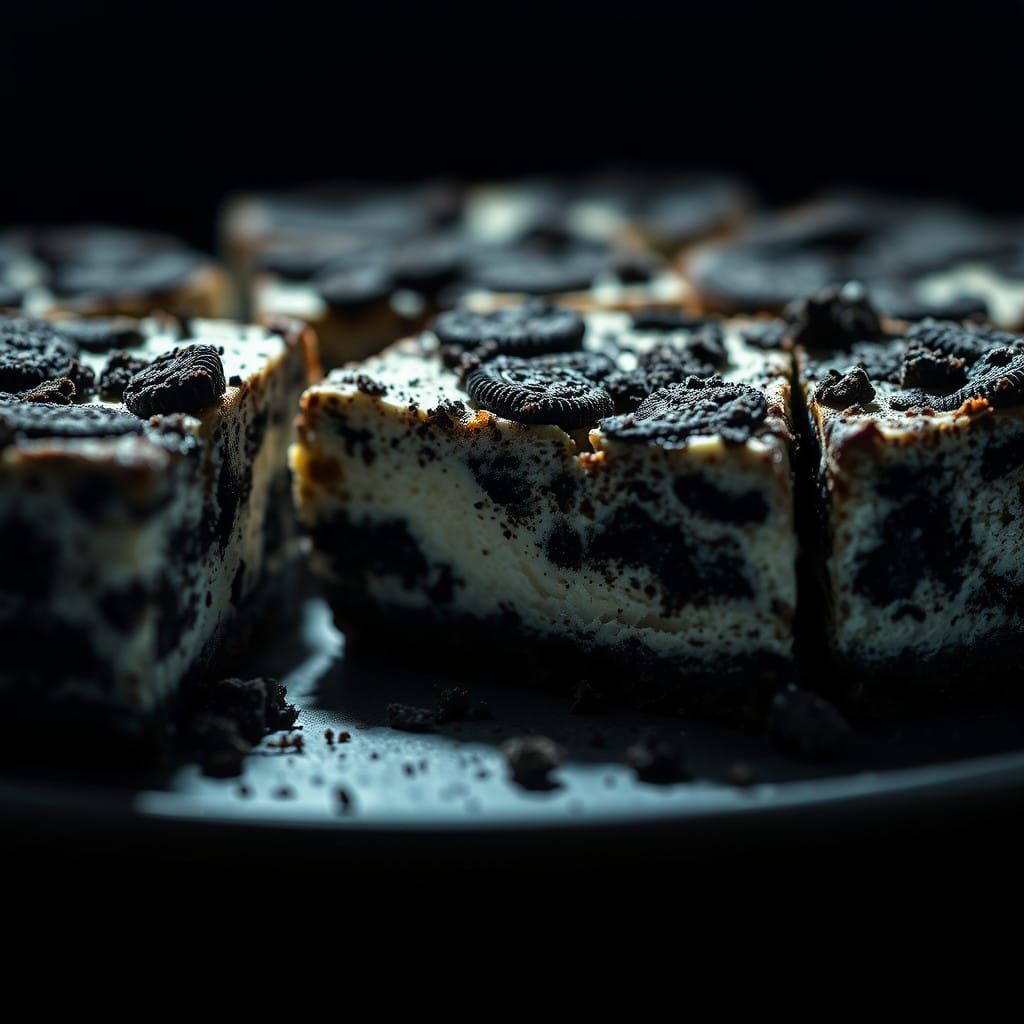 Darkly Elegant Closeup of Oreo Cheesecake Bars in Photoreali...