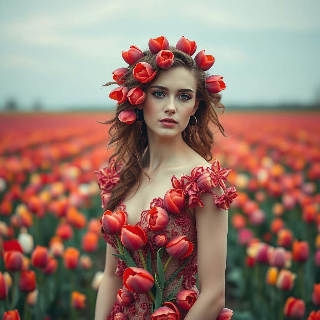 Hyperrealistic Beauty in a Field of Colorful Tulips