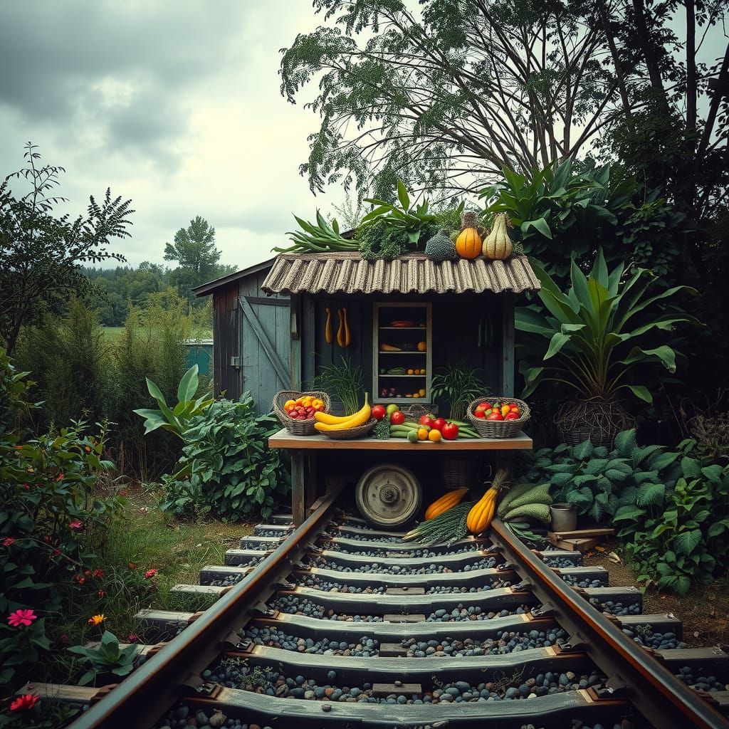 Surreal Farm Stand on Railroad in Dreamlike Style