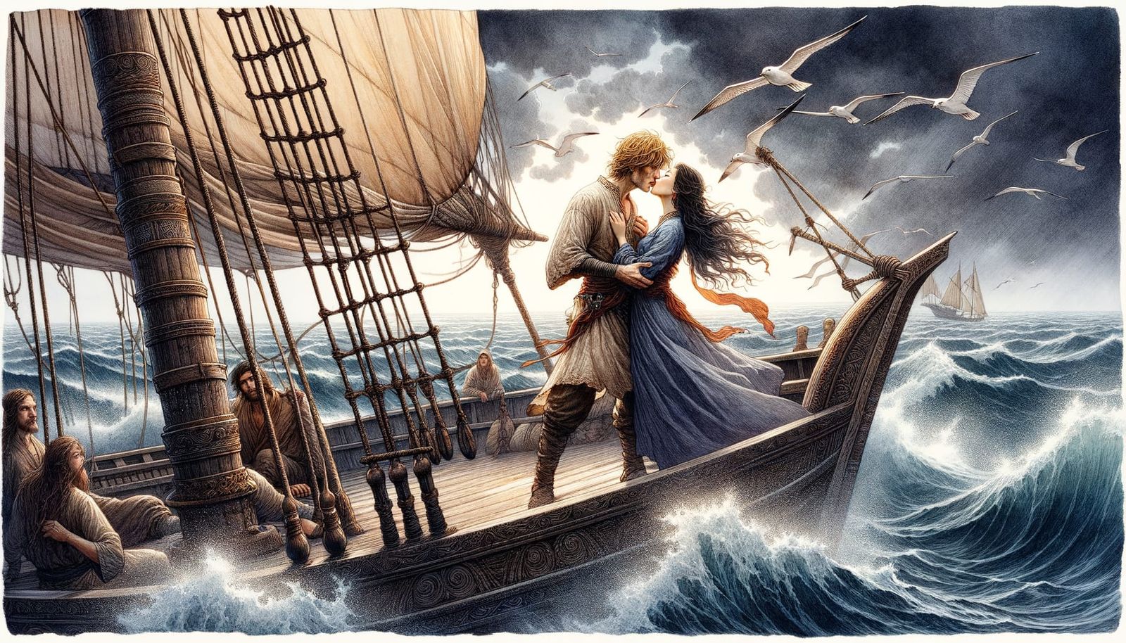 Romantic Kiss on Dhow Deck, Arthur Rackham Style