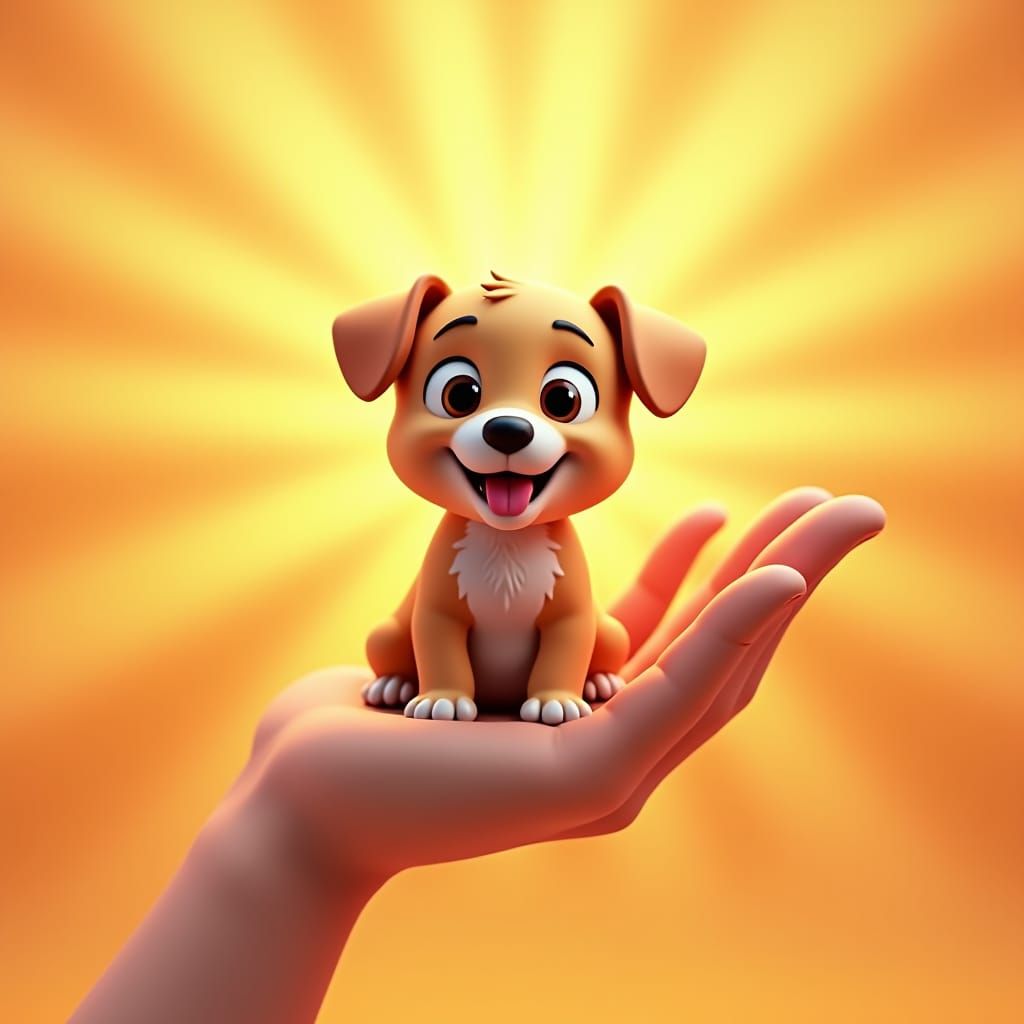 Tiny Puppy in Giant Hand: Pixar-esque 3D Art