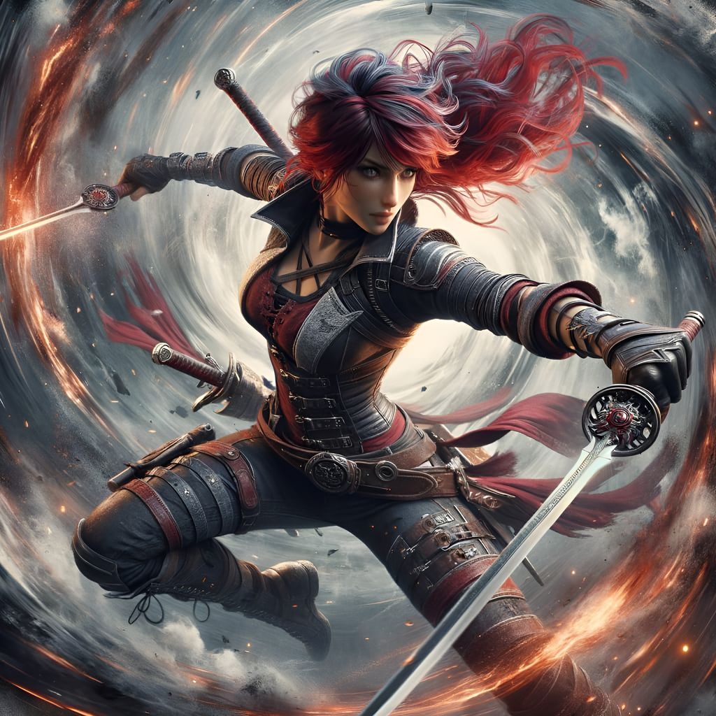 Fiery Haired Warrior Mid-Battle in Leather Armor