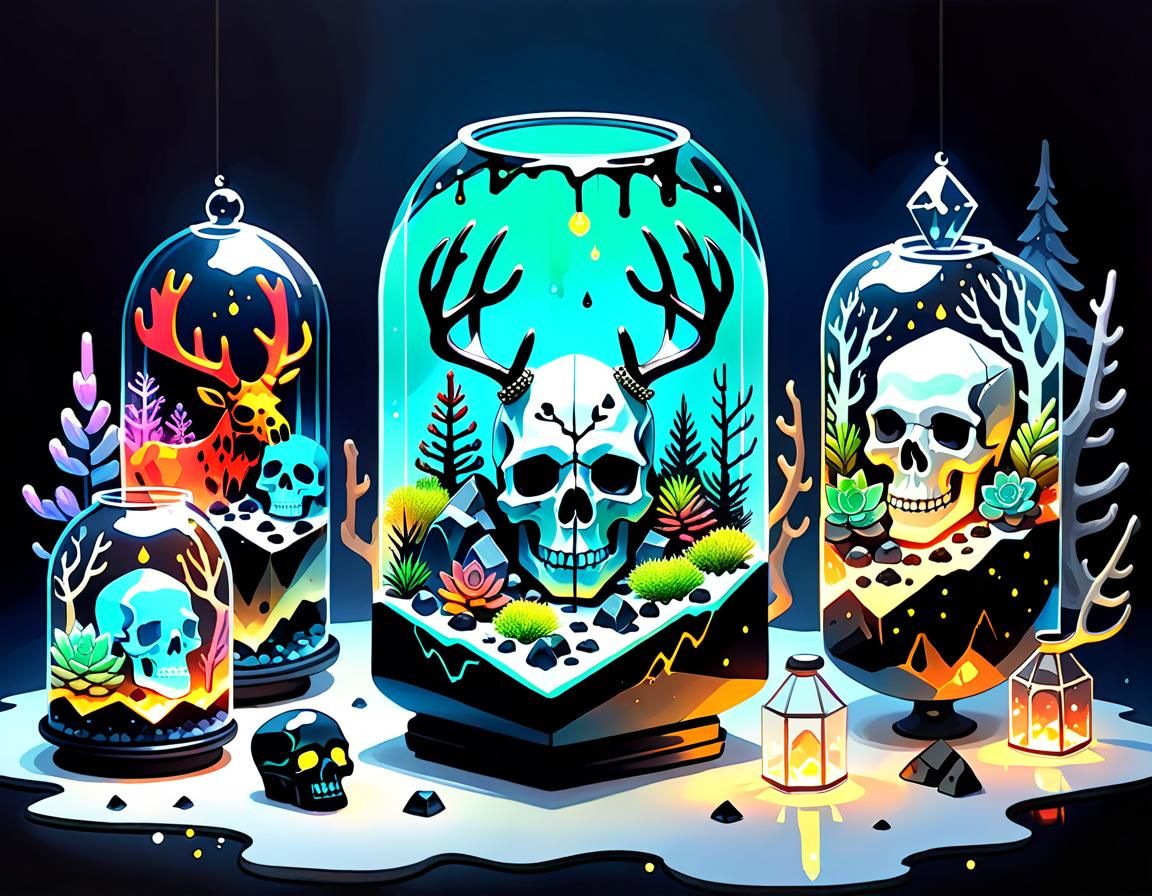 Watercolor Terrariums with Glowing Skull and Runes