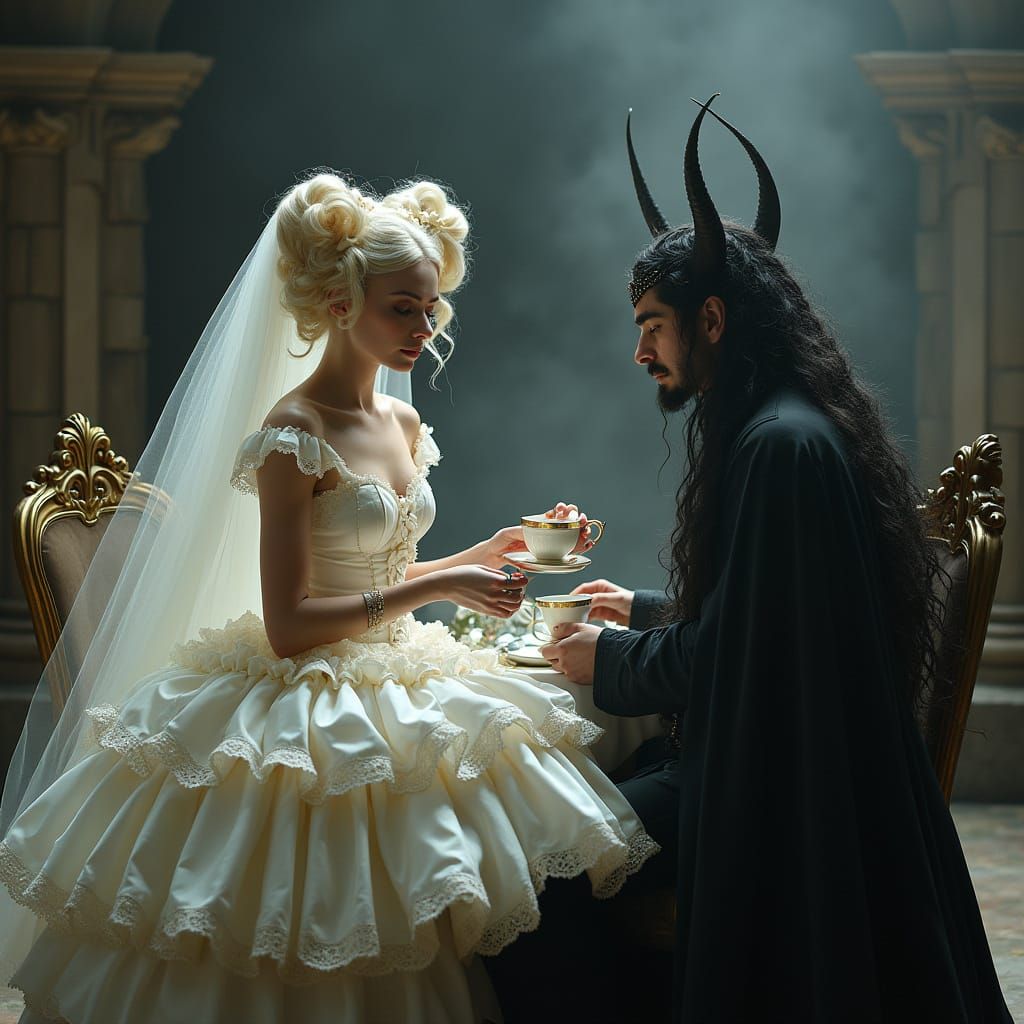 Ethereal Sissy Woman Serves Tea to Demon King in Whimsical D...
