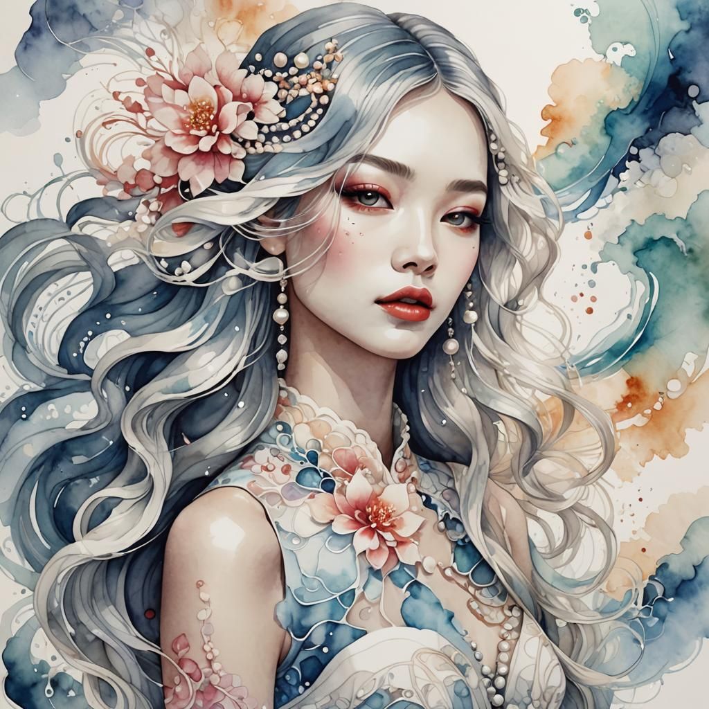 Elegant Girl with Flowing Watercolour Hair