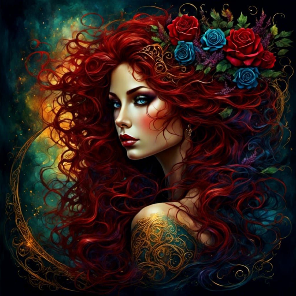 Celtic Woman with Red Hair and Gaelic Symbols