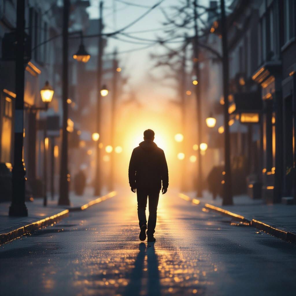 Figure Walks Towards Hopeful Golden Light in Cinematic Scene