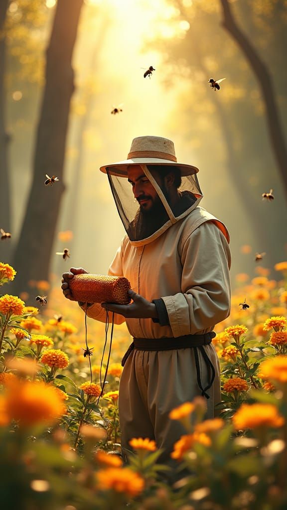 Azerbaijani Beekeeper in Lush Forest, Anime 3D Art