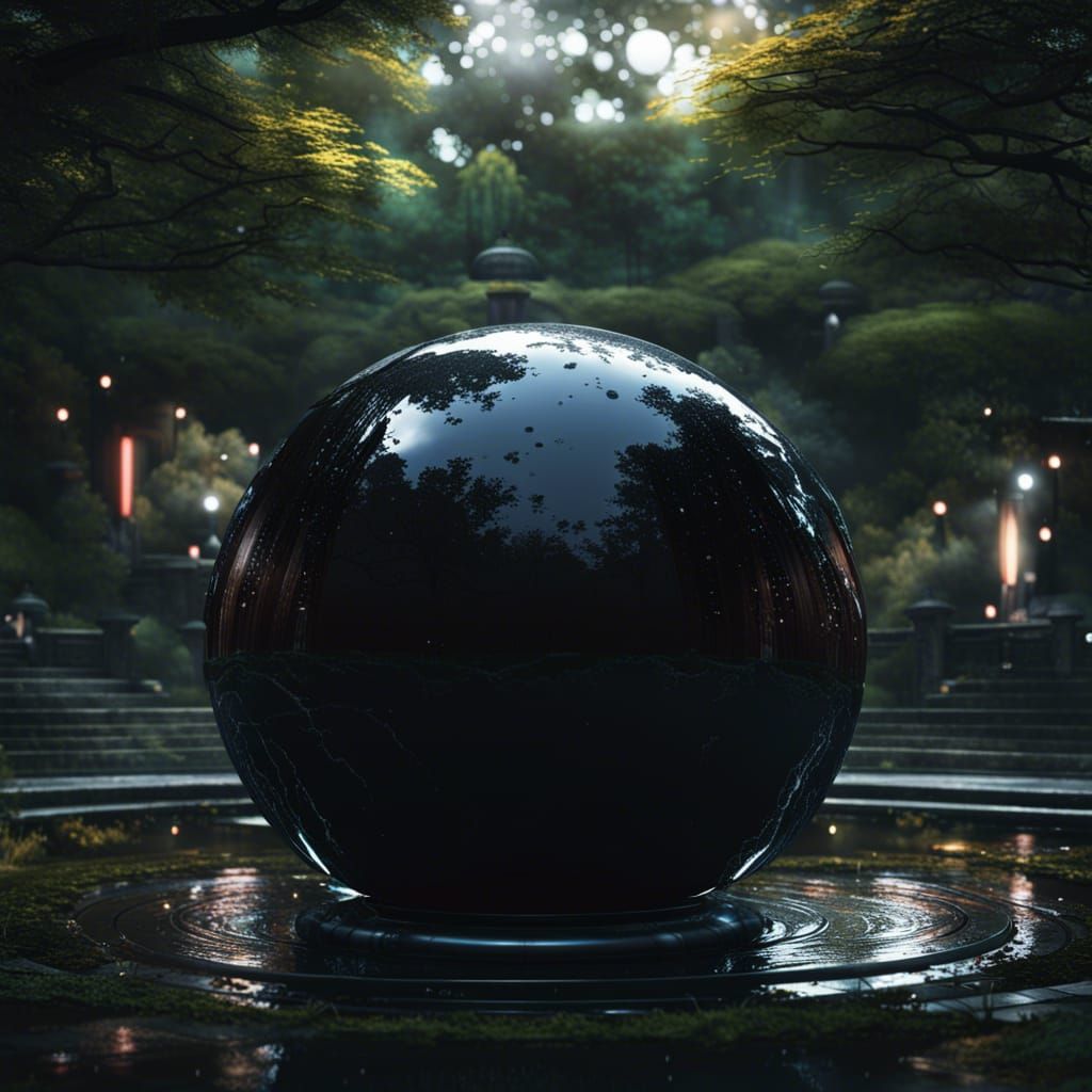 Black Liquid Sphere in Tokyo Park, Dark Fantasy Art