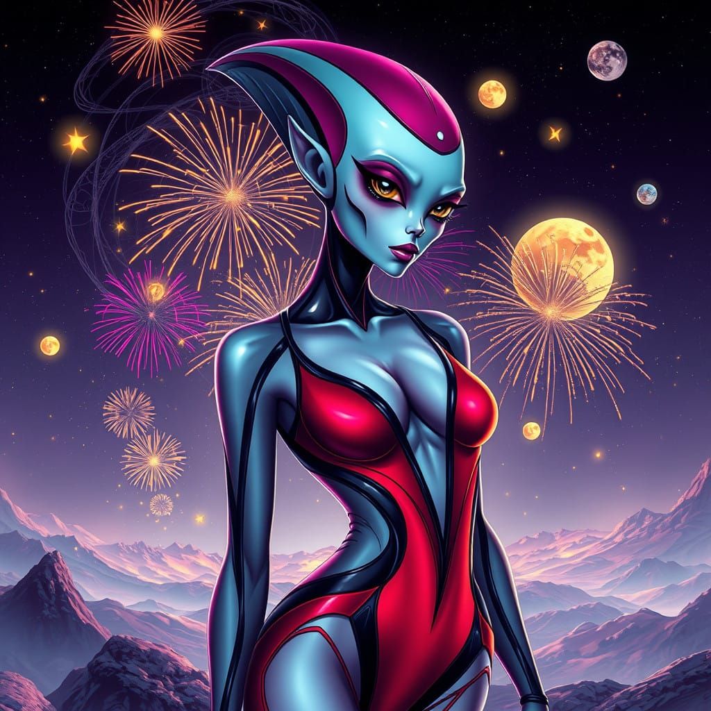 Mystical Alien Goddess in Red and Black on Cosmic Landscape