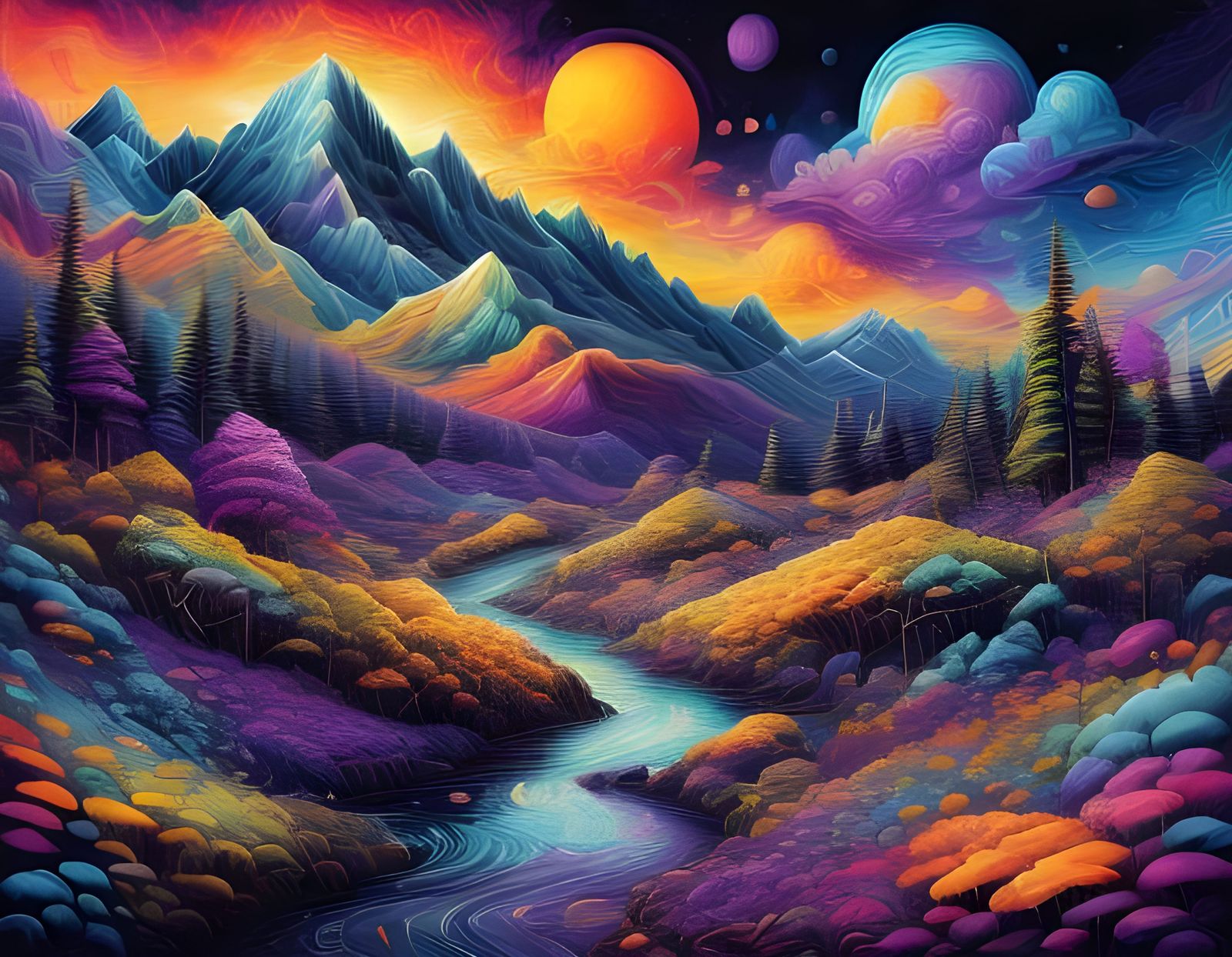 Vibrant Purple and Blue Landscape Oil Painting