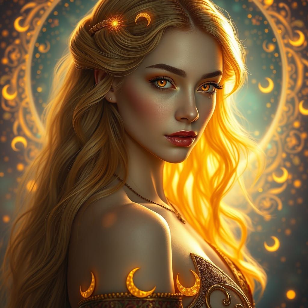 Serene Goddess of Sunlight in Elegant Crescent Moon Attire