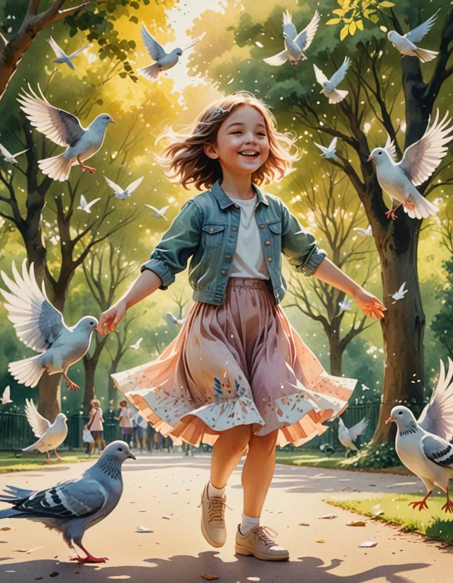 Little Girl Dances With Pigeons in Soft Watercolor Park