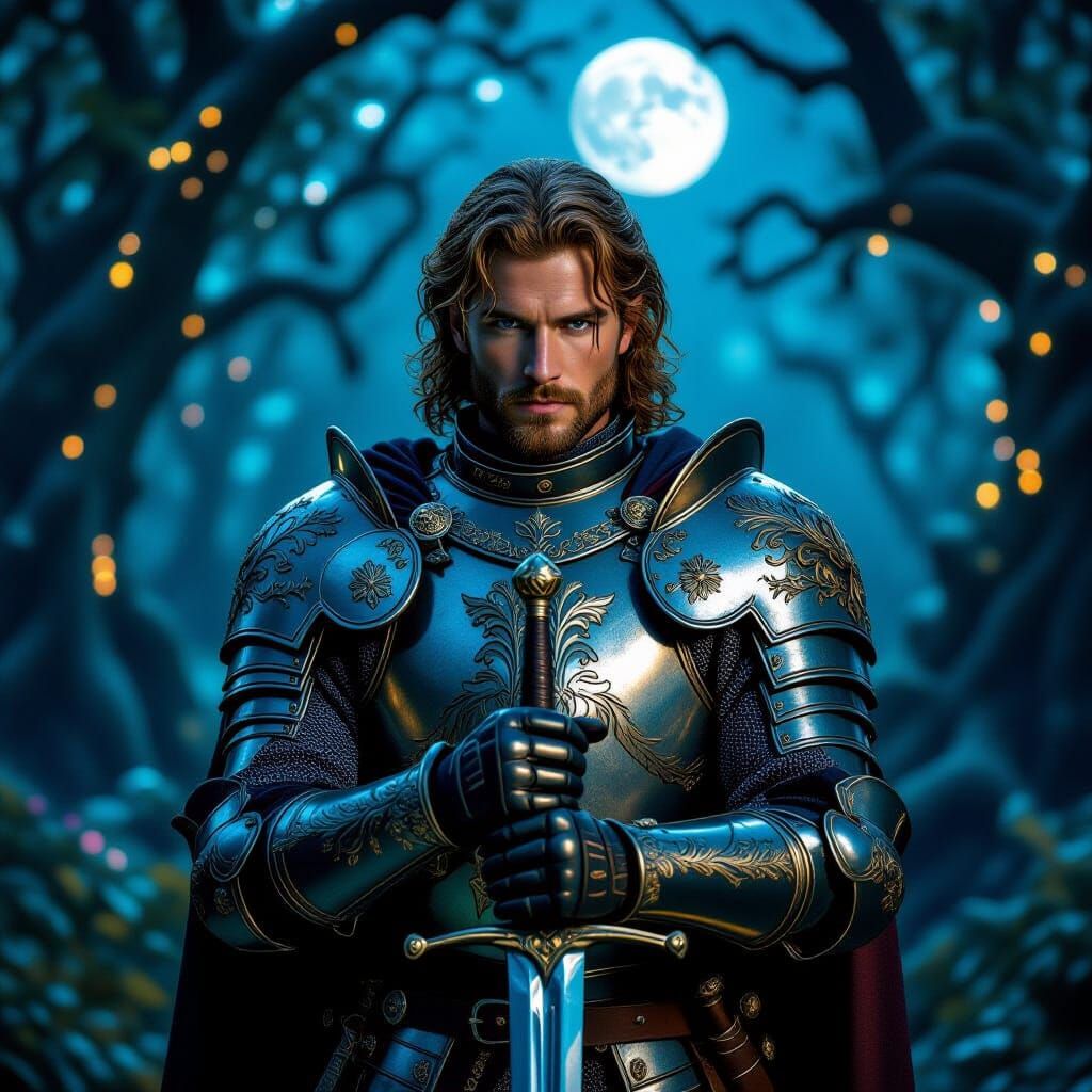 Medieval Knight in Moonlit Forest, Cinematic Ambiance