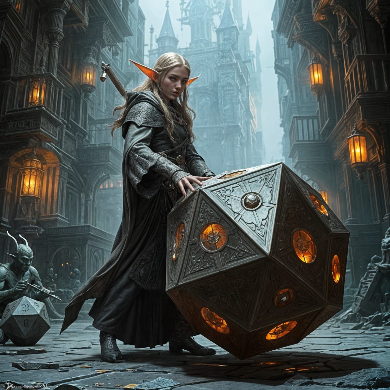 Hyperrealistic Elf Rolling a Giant Dice