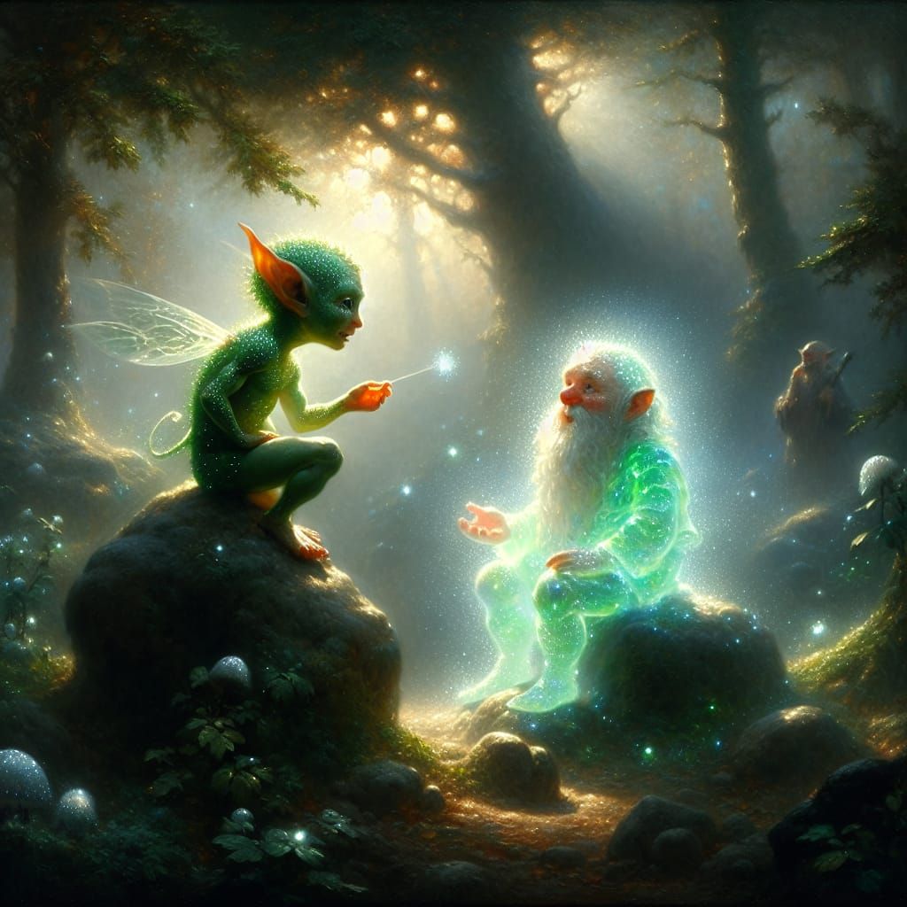 Magical Forest Meeting of Elf-like Creature and Dwarf