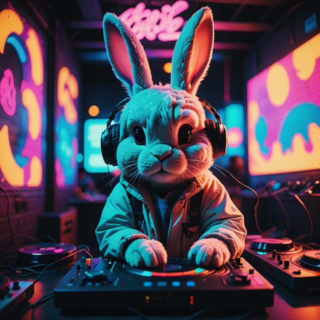 Fluffy Bunny DJ Shines at Underground Rave in Neon Paradise