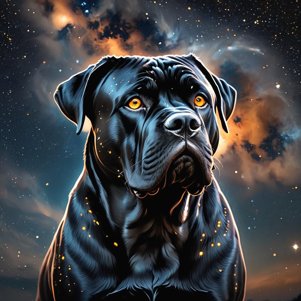 Dramatic Cane Corso Emerges from Cosmic Sky