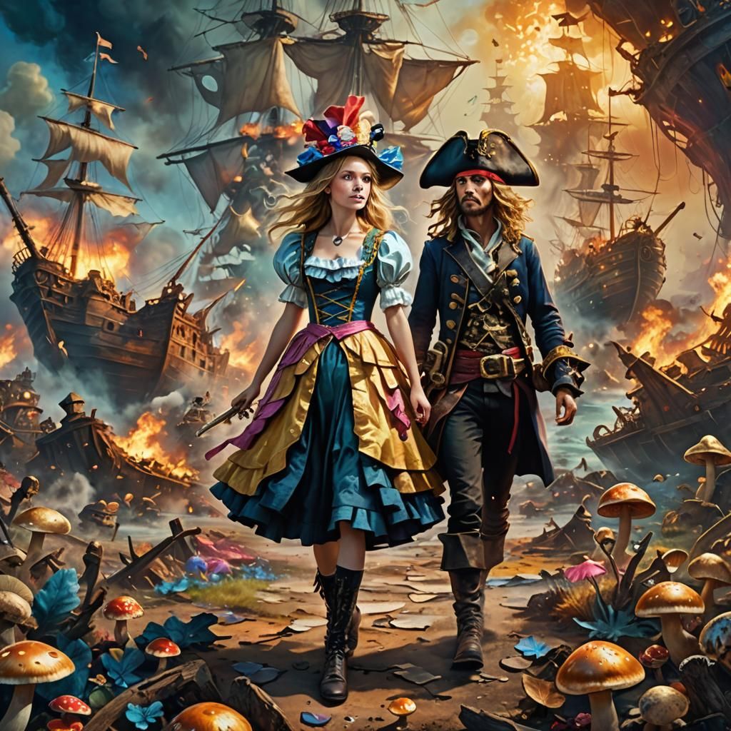 Alice of Wonderland and Pirate in Dreamlike Oil Painting