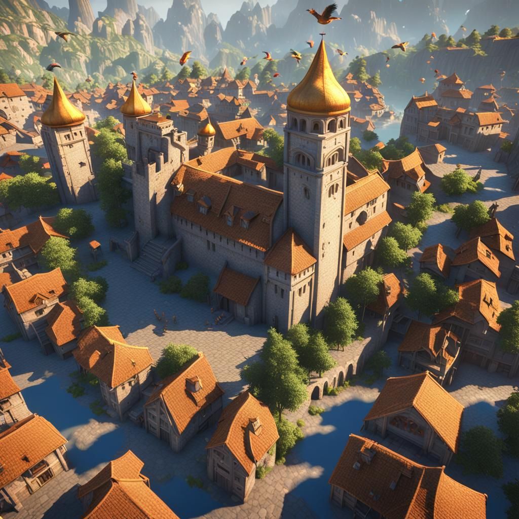 Medieval Town with Exotic Birds in Unreal Engine 5