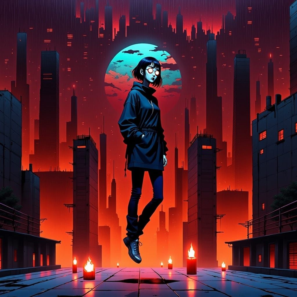 Levitating Figure in Cyberpunk Setting with Flickering Candl...