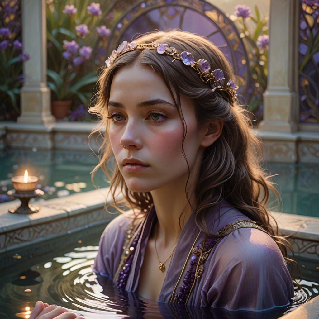 Art Nouveau Girl Meditates by Serene Pool