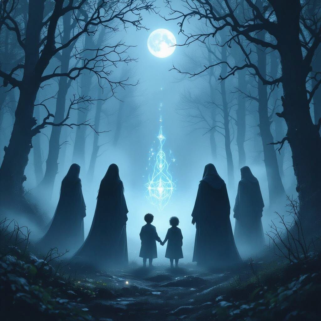 Mystical Figures in Foggy Forest: Cinematic Fantasy