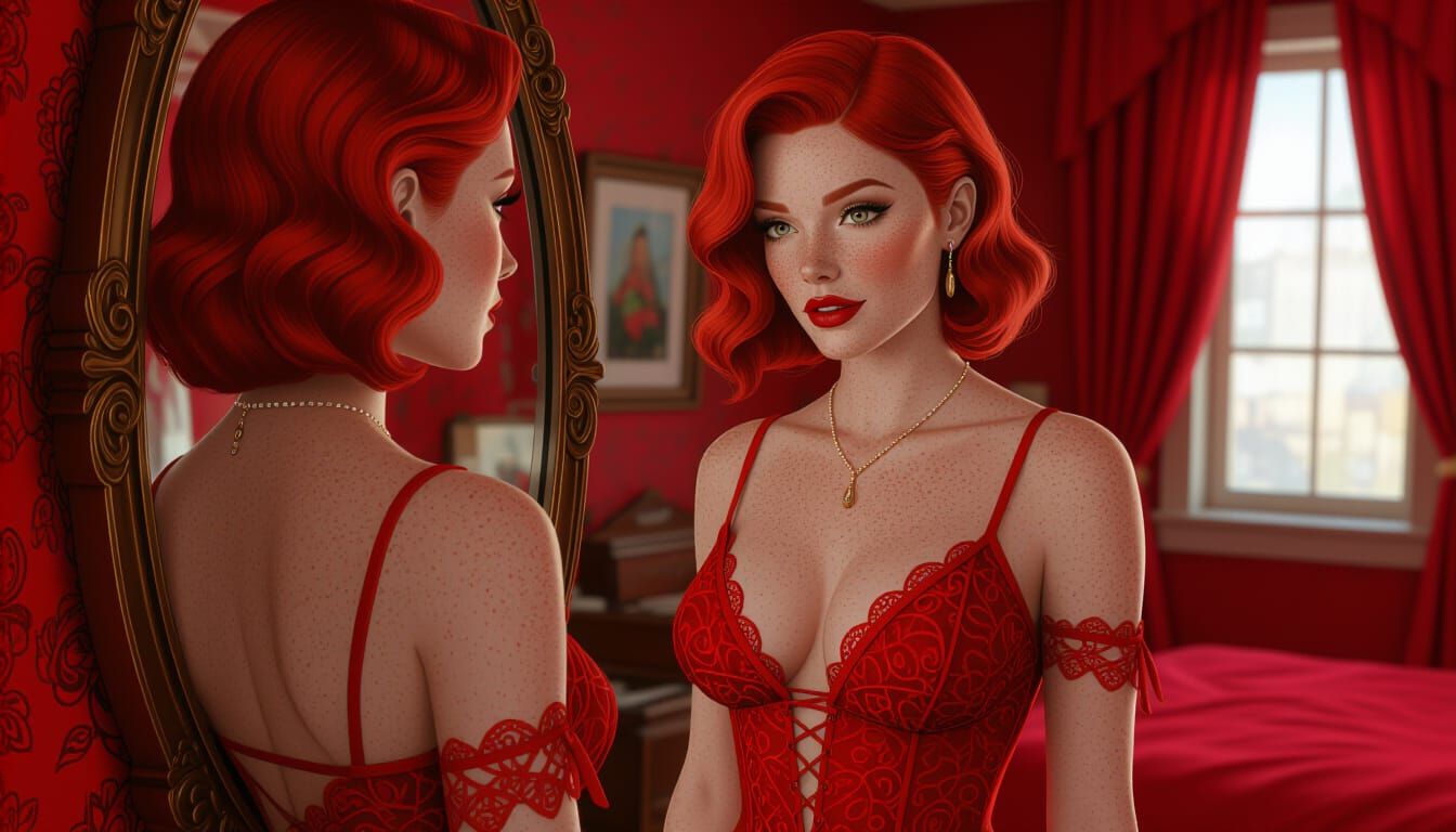 Crimson Woman Gazing in Mirror