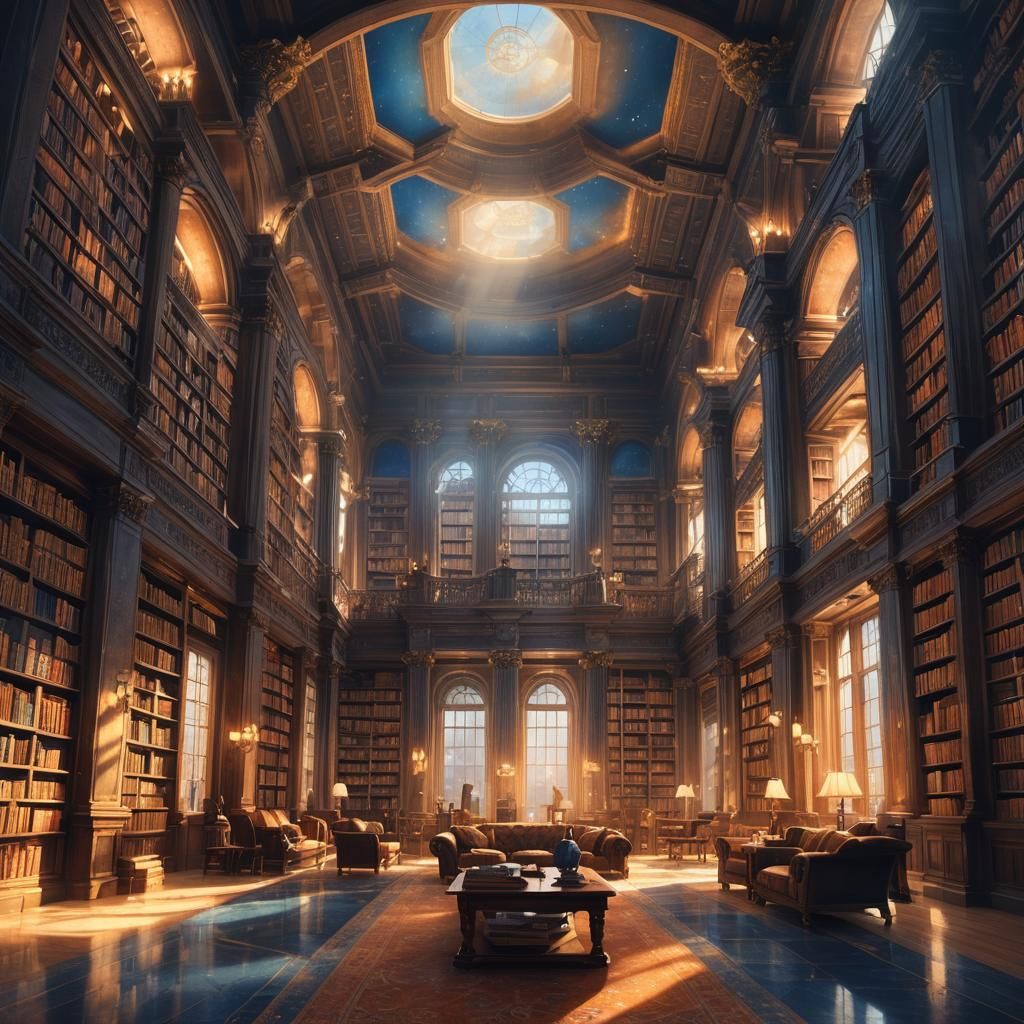 Majestic Library with Marble Columns and Ancient Tomes