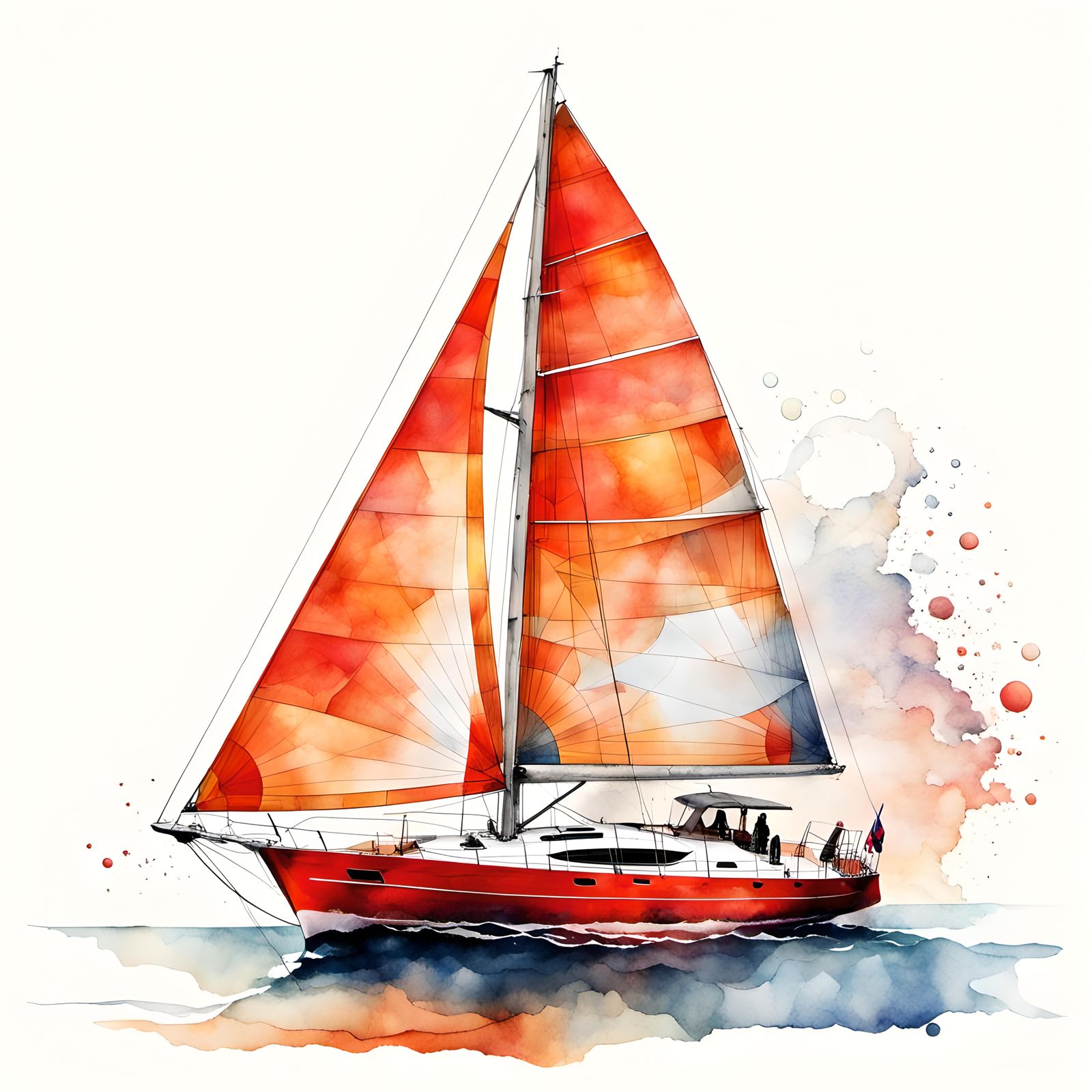 Striking Red Sailboat in Watercolor and Ink