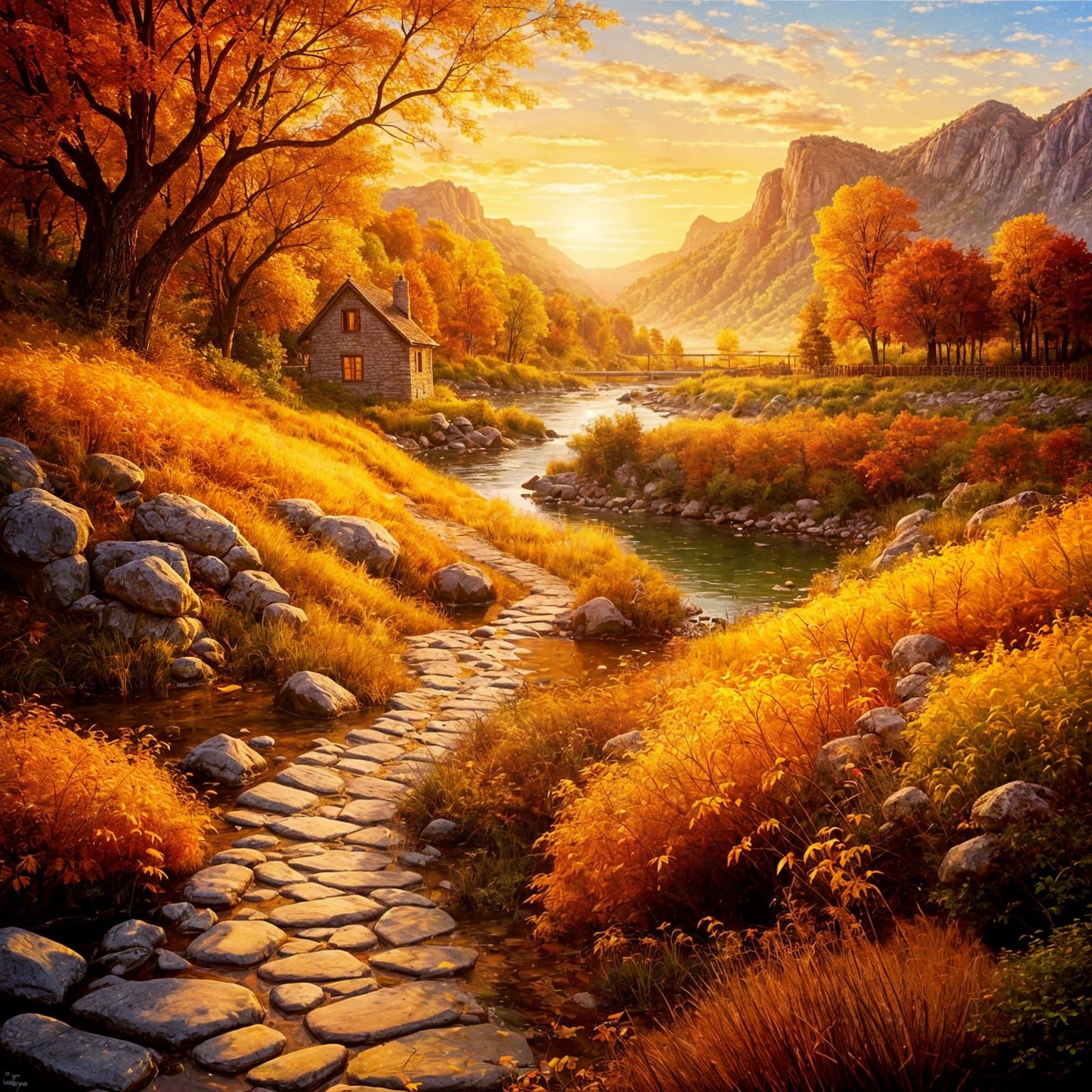 Golden Autumn Village by Misty Mountains