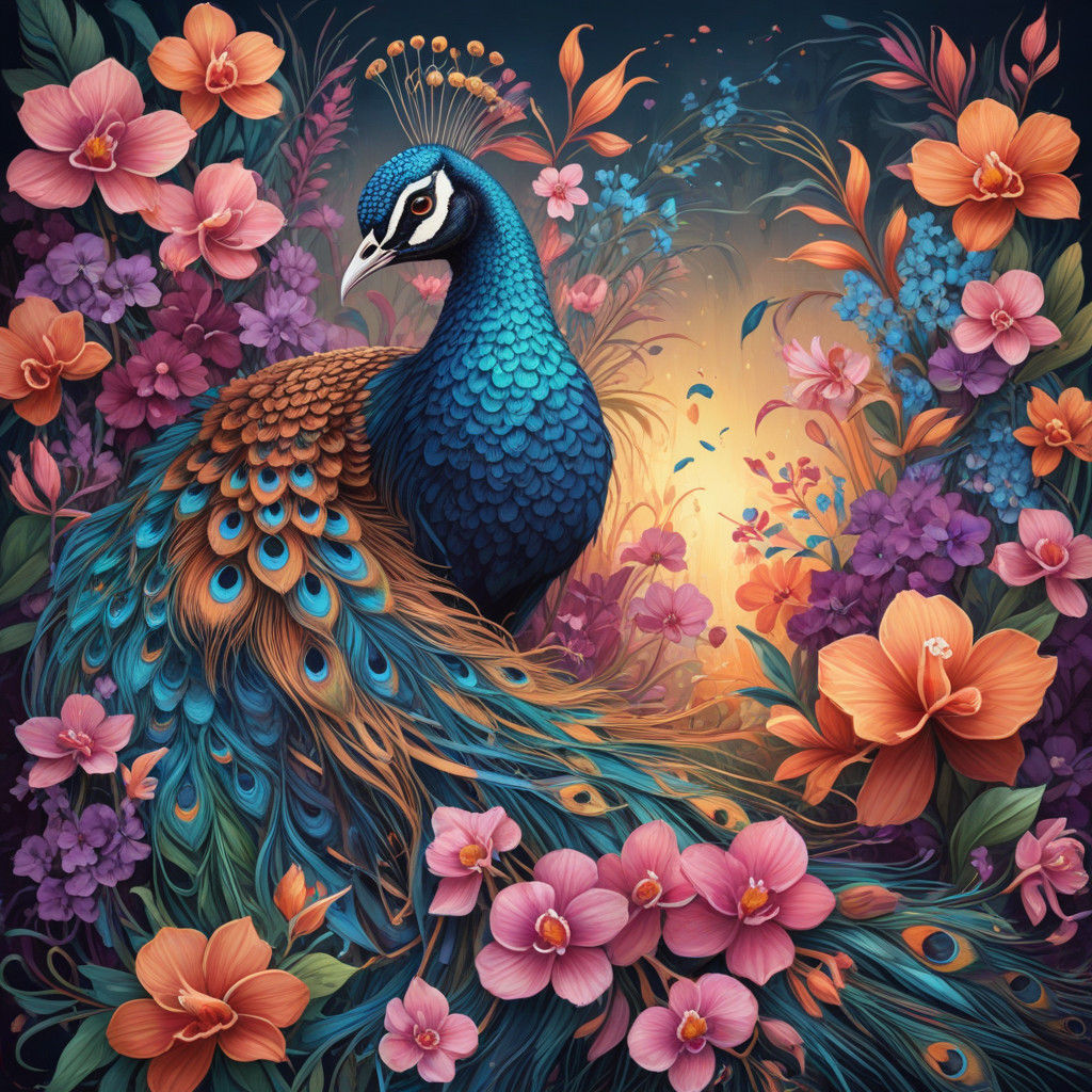 Vibrant Floral Peacock in Graffiti Style