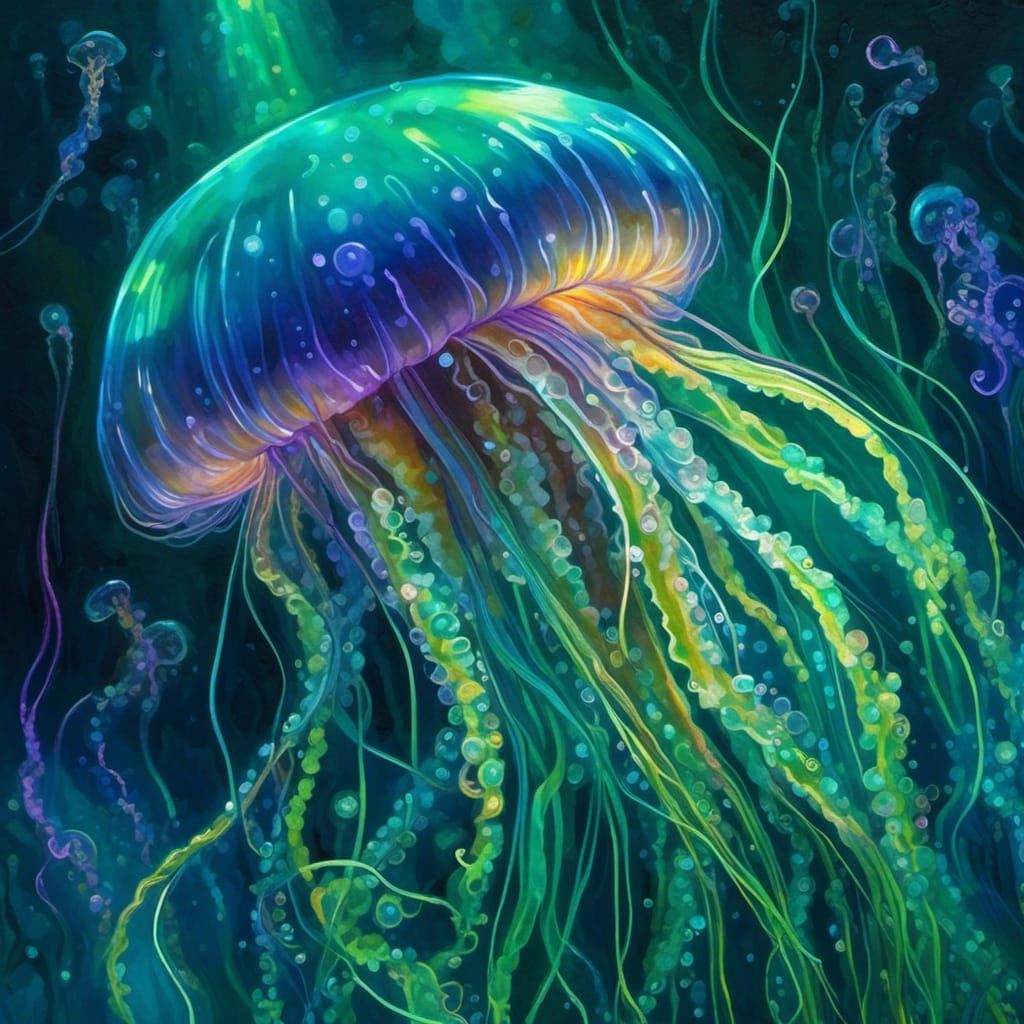 Bioluminescent Jellyfish in Green Underworld Scene