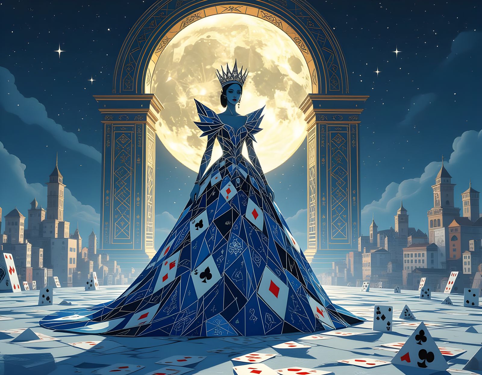 Ethereal Queen in Glitchcore Style on Moon City