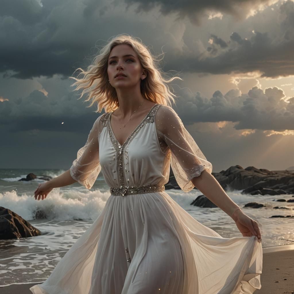 Blonde Woman Creates Storm on Beach at Sunset