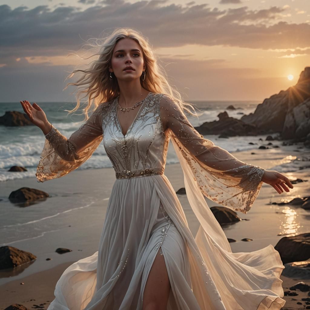 Girl on Beach at Sunset in Hyper-Realistic Digital Art