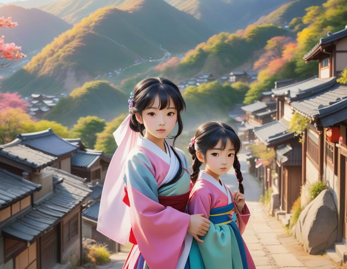 Korean Girl in Anime Style Mountain Village