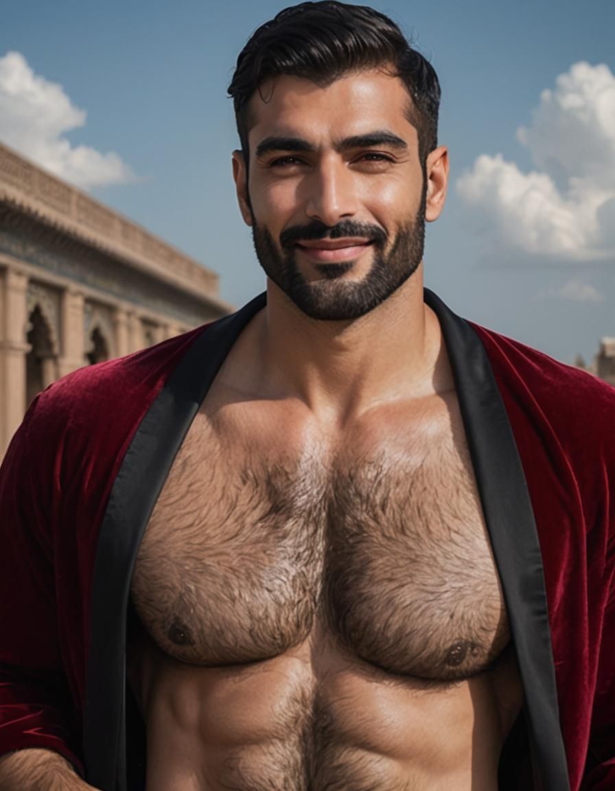 Handsome Bearded Man in Red Velvet Robe as Impasto Painting