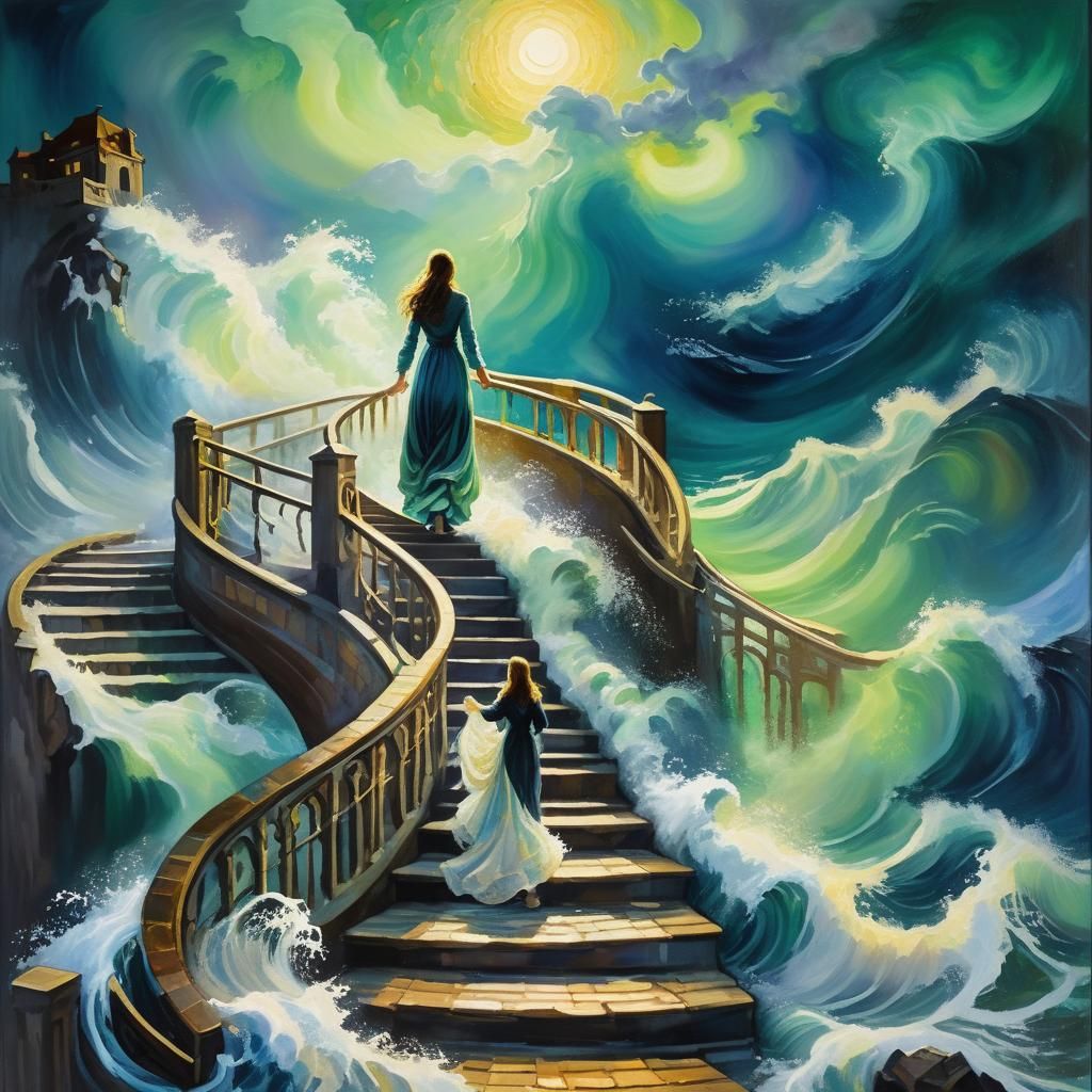 Woman on Staircase to Heaven: Impasto Oil Painting