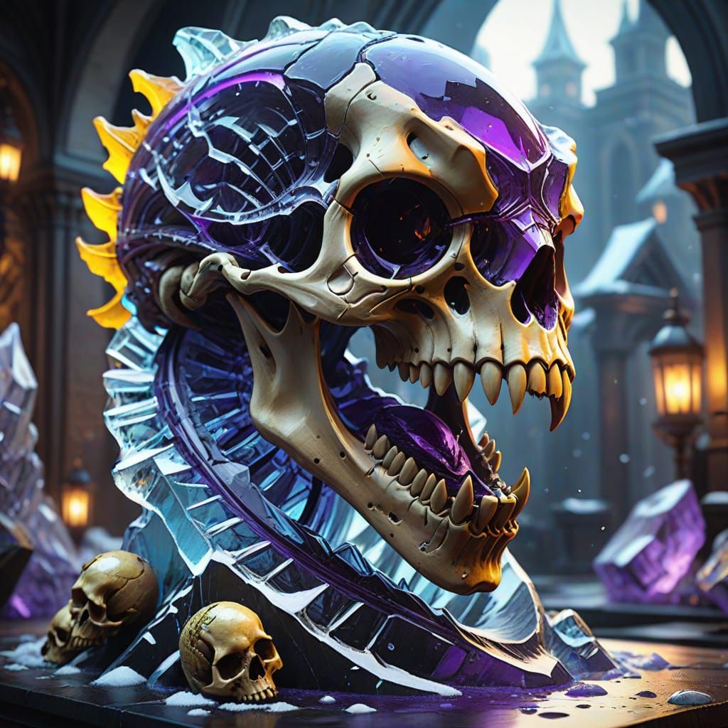 Dark Fantasy Ice Sculpture of a Jurassic Raptor Skull