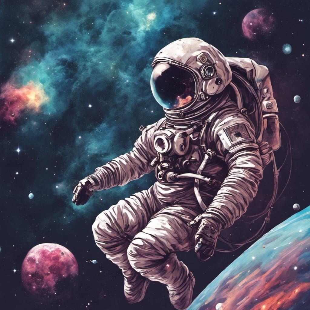 Astronaut's Dive into Colorful Space Nebula