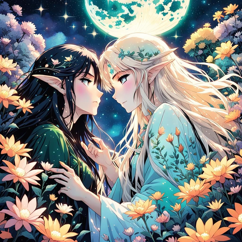 Anime: Elven and Human Women Stargazing