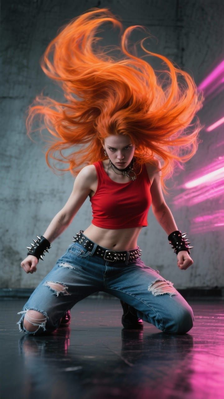 Dynamic Action Shot of Woman with Fiery Hair