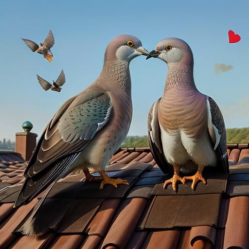 Wood Pigeons Kissing in Fairytale Oil Painting