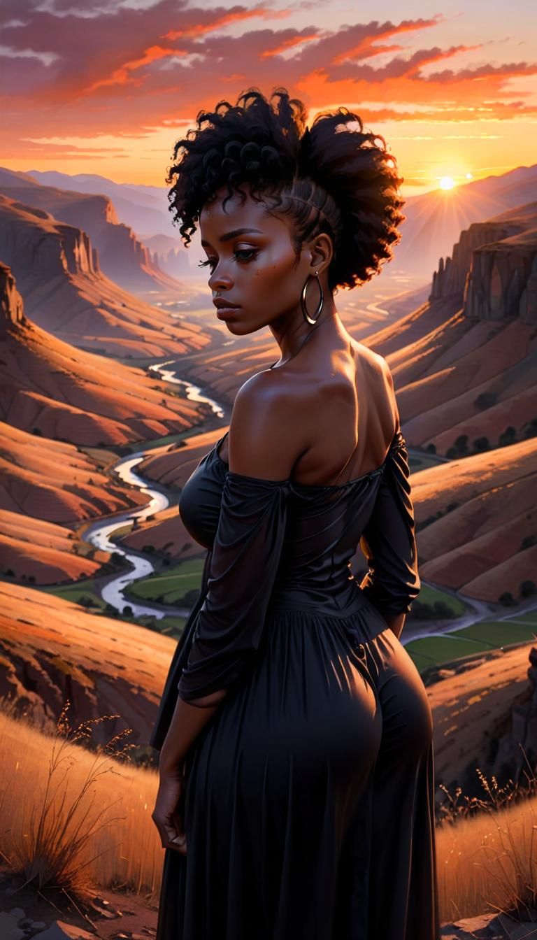 Sorrowful Evening Landscape with a Black Woman in a Valley