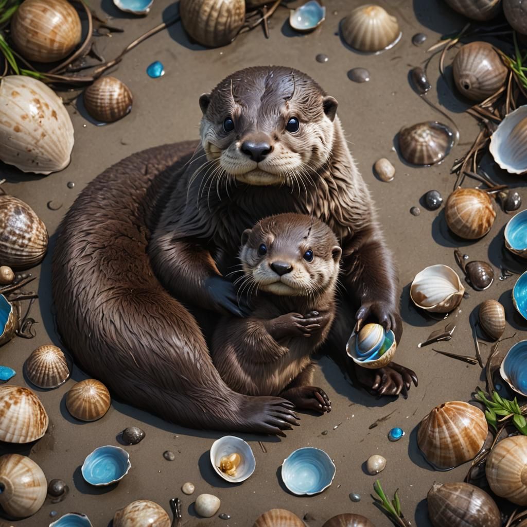 Baby Otter with Clam Shell: Detailed Matte Painting