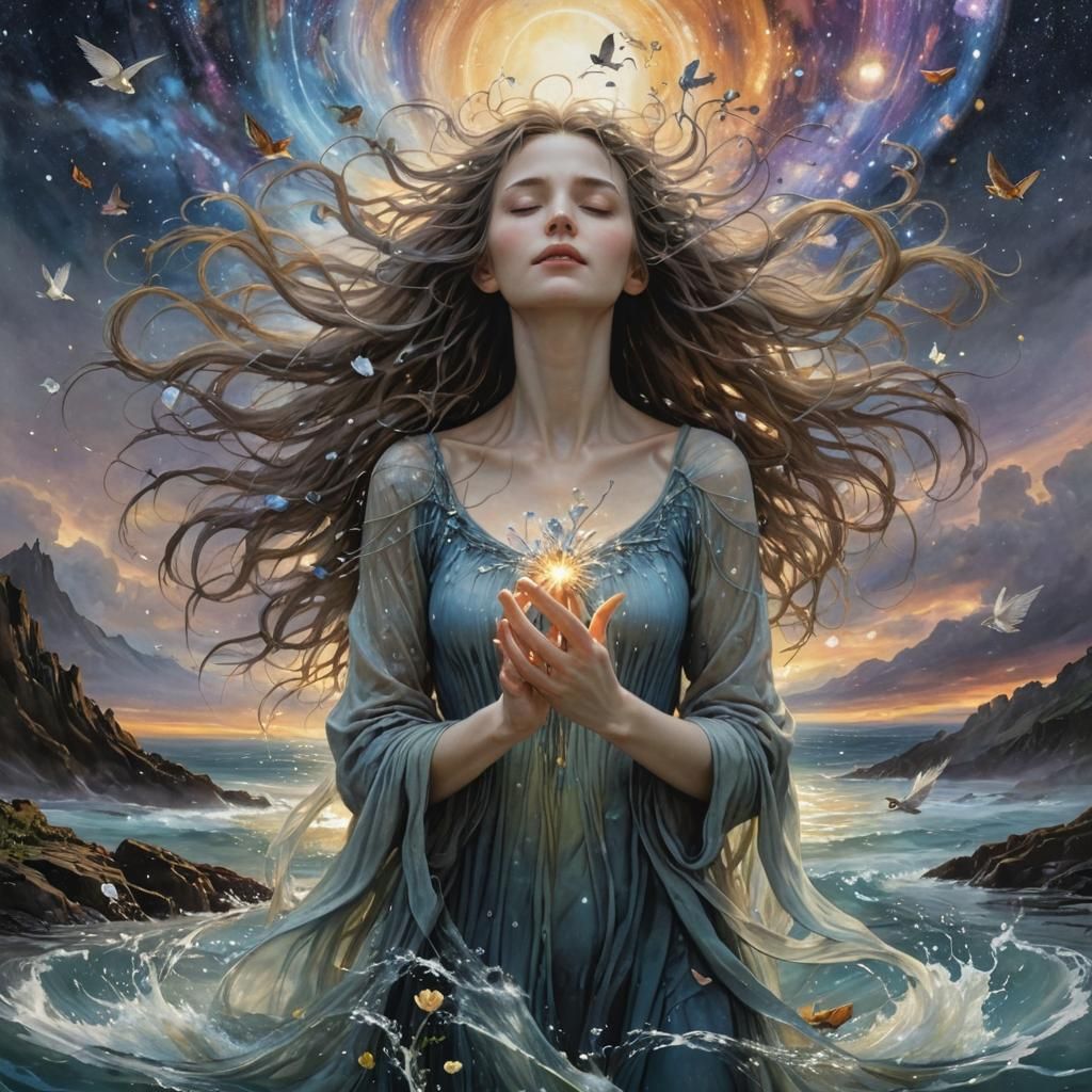 Dreamlike Digital Art: Woman Holding Galaxy in Surreal Colla...